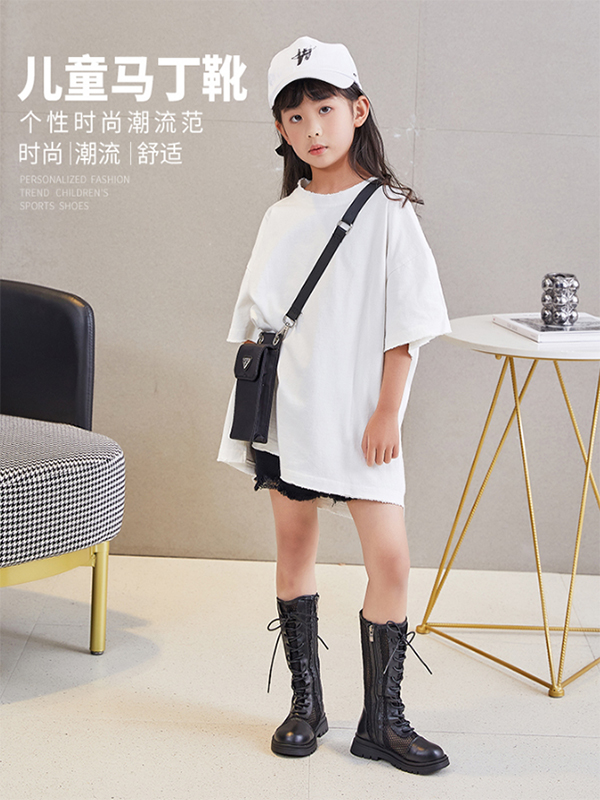 2022春秋季新款女童鞋高筒网布骑士靴儿童中大童纯色高筒防滑凉靴